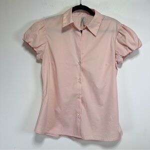 Old Navy Pink Puff Sleeve Button Down Shirt Fitted Cotton Blend Size M